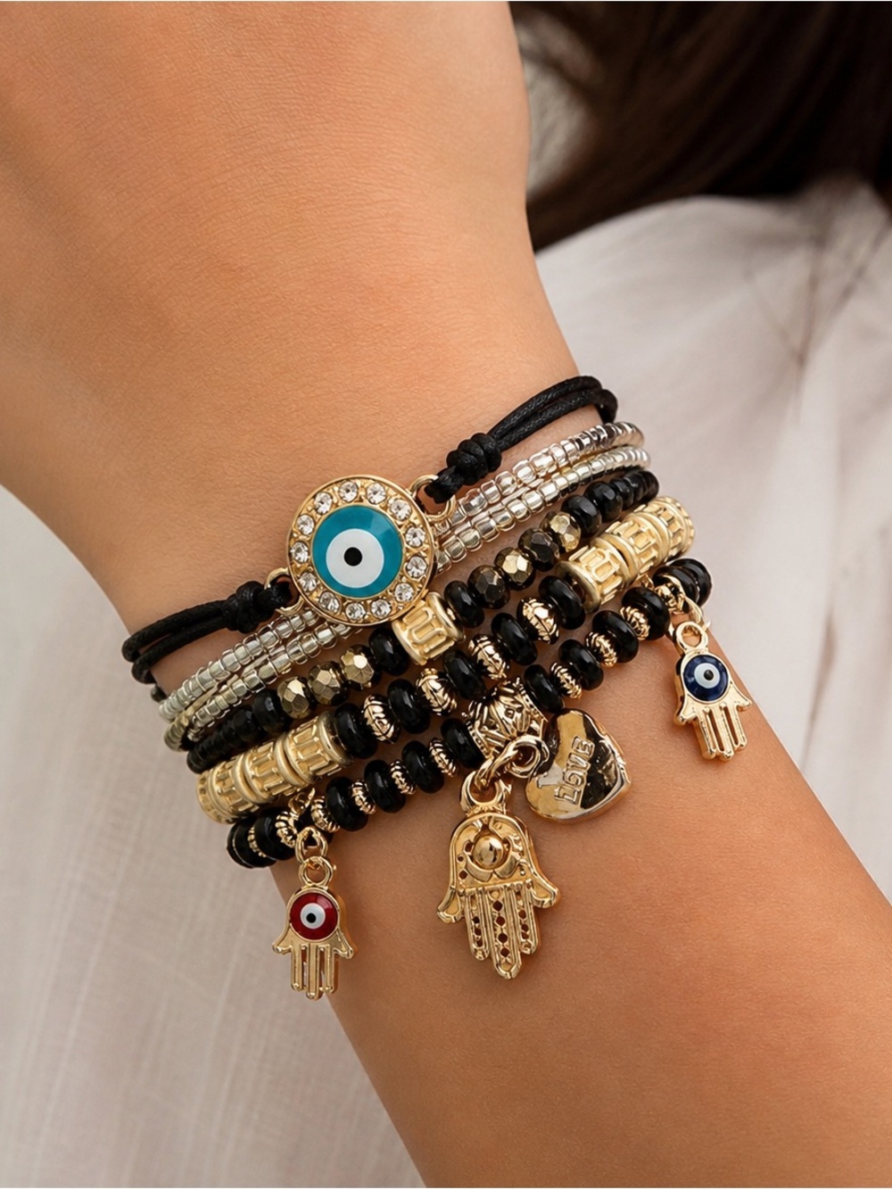 Evil Eye & Hamsa Layered Bracelet Stack - Black and Gold
